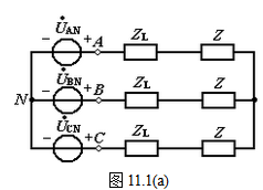图（a)所示电路中，已知对称三相电源线电压为380V，负载阻抗Z=6.4＋j4.8Ω，端线阻抗Zl=