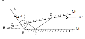 如图所示，有两个平面反射镜M1和M2，其夹角为α。在两个反射镜之间有一条光线以42°入射到M1上，经