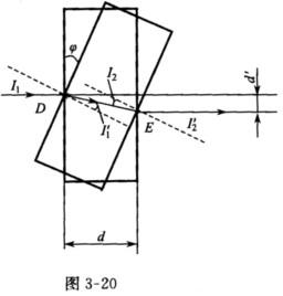 平行平板的折射率为n，厚度为d，入射光线A平行于光轴，当平行平板绕D点旋转角时，如图3－20所示，求