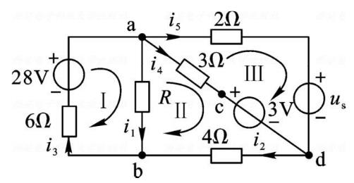 如图1.3.11所示电路，已知电流i1=2A，i2=1A，求电压ubc，电阻R及电压源us。如图1.