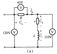 实验室常用如图2．3．12（a)所示电路测量电感线圈参数L，r。已知电源频率f=50Hz，电阻R=2