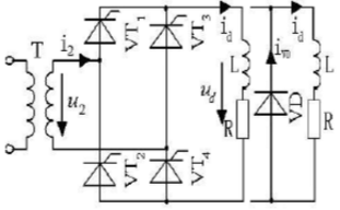 图3－16所示单相桥式全控整流电路，接大电感负载，U2=220V，Rd=4Ω，试计算当α=60°时，