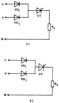 图3－47为两相零式与两相式可控整流电路，直接由三相交流电源供电，分别求两电路晶闸管的移相范围与直流