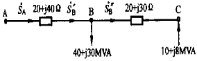 额定电压为110kV的辐射型电网各段阻抗及负荷如图所示。已知电源A的电压为121kV，求功率分布和各