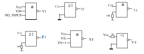 已知题图中各个门电路都是74H系列TTL电路，试写出各个门电路的输出状态（0，1或Z)。已知题图中各