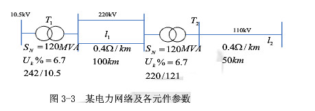 某电力网络及各元件参数如图所示，试用近似计算法求出其参数，并作出等值电路。    