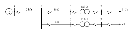 图所示为网络接线示意图，AB、BC、BD线路上均装设三段式电流保护，变压器装设差动保护。已知I段可靠
