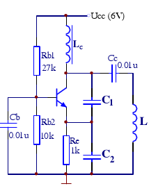 已知某电容三点式振荡器电路如图所示，晶体管导通电压vBE=0.6V，β足够大，可以忽略基极电流，晶体