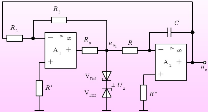 用理想运放组成如下图所示的波形产生电路。已知稳压管VDZ1、VDZ2的稳压值VZ均为6V，且正向压降