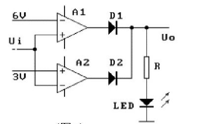 理想运放组成下图电路，已知运放输出电压为±12V，二极管正向导通压降为0.7V，发光二极管导通压降为