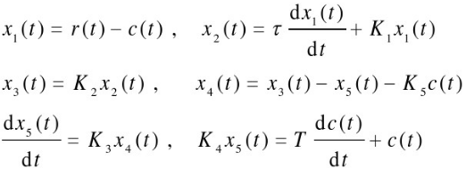 已知系统微分方程组如下：  x1（t)=r（t)－c（t)    x3（t)=K2x2（t)  x4