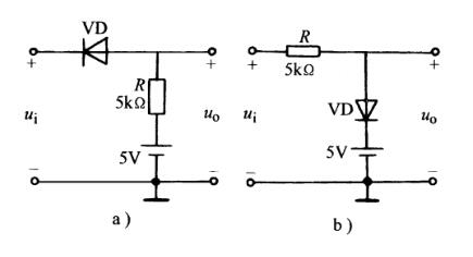 下图a、b所示两电路中，ui=10sin100πtV，二极管的正向压降和反向电流均可忽略，分别画出输