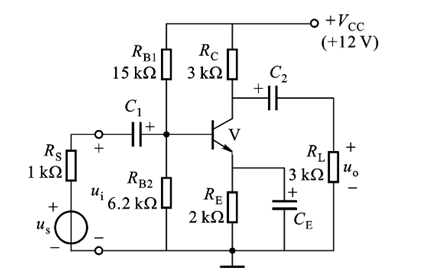 下图示放大电路中，已知晶体管的β=100，rbb'=300Ω，UBE=0.7V，放大电路如图,已知三