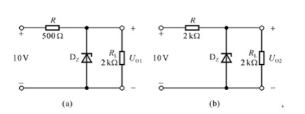 在下图所示电路中。已知稳压管的稳定电压UZ为6V，最小稳定电流IZmin为5mA，最大稳定电流IZm