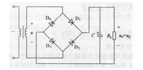 在下图所示单相桥式整流电容滤波电路中，已知RL=40Ω，C=100μF，U2=20V。用直流电压表测