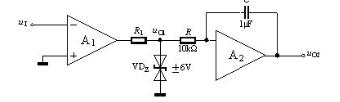 在下图所示电路中，已知A为理想运放，二极管为理想器件，运放的最大输出电压为±12V，晶体管的β=10
