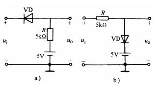 下图所示电路中，ui=10sin100πtV，二极管的正向压降和反向电流均可忽略。分别画出它们的输出