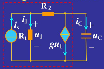 如图所示电路中，已知iS=10ε（t)A，R1=1Ω，R2=2Ω，C=1μF，uC（0－)=2V，g