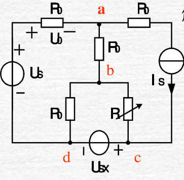 如图所示电路中，电压源US、电流源IS和电阻R0均为已知的确定值。试求：当R变化时，为使U0不变，U