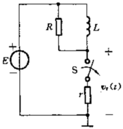 如图所示电路，t=0以前，开关S闭合，已进入稳定状态；t=0时，开关打开，求vr（t)并讨论R对波形