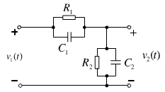 电路如图所示，写出电压转移函数。为得到无失真传输，元件参数R1,R2,C1,C2应满足什么关系？电路