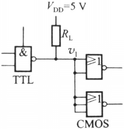 图是用TTL输出开路门（OC门)电路驱动CMOS电路的实例，试计算上拉电阻RL的取值范围。TTL输出