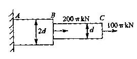 圆截面杆ABC轴向受力如图所示。已知BC杆的直径d：100 mm，AB杆的直径为2d。杆的最大的拉应