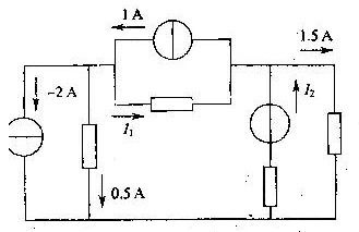 图示电路中，电流I1和电流I2分别为（)。A.2．5 A和1．5 A B.1 A和0：AC.2．5 