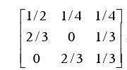 设一齐次马氏链X1，X2，…，各Xi取值于符号集{a1，a2，a3}，状态转移概率矩阵为：，则状态平