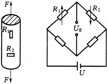 在以钢为材料的实心圆柱形试件上，沿轴线和圆周方向各贴一片电阻为120Ω的金属应变片R1和R2，如下图