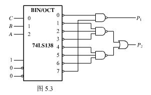 下图是由3线－8线译码器74LS138和与非门构成的电路。试写出P1和P2的表达式，列出真值表，说明