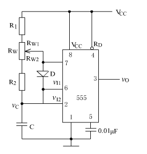 下图为一通过可变电阻RW实现占空比调节的多谐振荡器，图中RW=RW1＋RW2，试分析电路的工作原理，