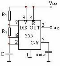 由555定时器构成的多谐振荡器如下图所示，图中VDD=12V，R1=10kΩ，要求输出电压Vo的振荡