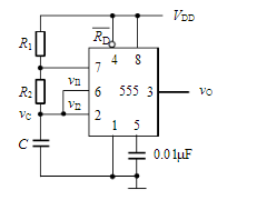 下图所示为由555定时器构成的多谐振荡器，已知VDD=12V，C=0.1μF，R1=15kΩ，R2=