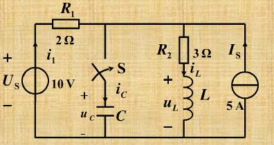 在图2.8所示电路中，开关S闭合前电路已处于稳态，C中无储能，试确定S闭合后电压uC，uL和电流i1