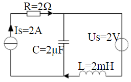 在图2.4所示稳态直流电路中，已知IS=2A，US=2V，R=2Ω，C=2μF，L=2mH，求R，C
