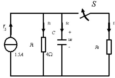 在图2.6所示电路中，开关S闭合前电路已处于稳态，试确定S闭合后电压uC和电流iC，i1，i2的初始