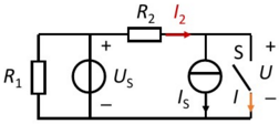 在图1.17所示电路中，已知US=6V，IS=2A，R1=2Ω，R2=1Ω。求开关S断开时开关两端的