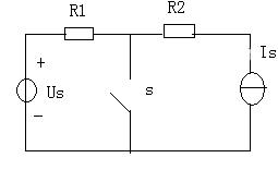 在图1.18所示电路中，已知US=6V，IS=2A，R1=R2=4Ω。求开关S断开时开关两端的电压和