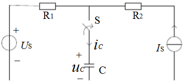 在图2.13所示电路中，已知US=6V，IS=2A，R1=R2=3Ω，C=1F。开关闭合前uC=6V