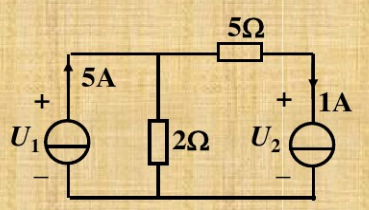 求图1.20所示电路中电流源两端的电压U1、U2及其功率，并说明是起电源作用还是起负载作用。求图1.