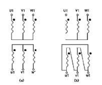 变压器的一、二次绕组按下图联结，试画出它们的线电动势相量图，并判明其联结组别。 