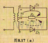 图8.10（a)所示为一全波整流电路，试求：（1)在交流电压的正、负半周内，电流流通的路径；（2)负
