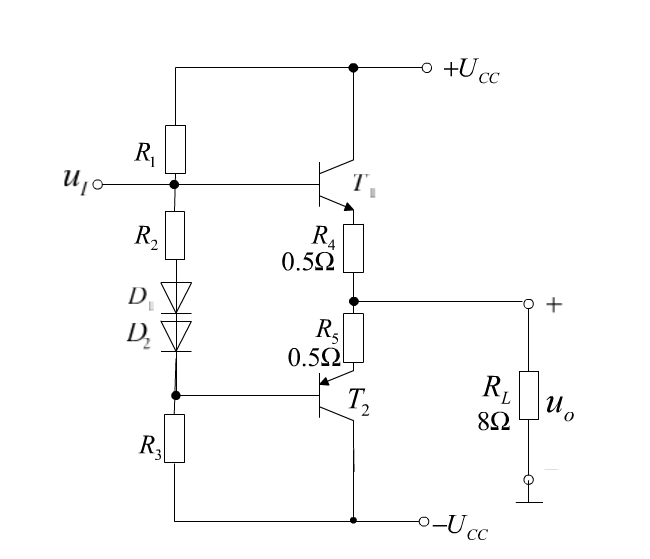在图15－49所示电路中，已知UCC=15V，T1和T2管的饱和管压降|UCES|=2V，输入电压足