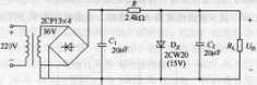 某稳压电源如图18－21所示，试问：（1)输出电压Uo的极性和大小如何？（2)电容器C1和C2的极性