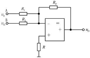 图16－44所示电路中，已知R1=10kΩ，R2=20kΩ，RF=100kΩ，ui1=0.2V，ui