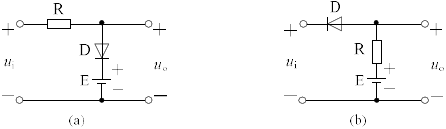在图示各电路中，E＝5V，ui＝10sinωtV，二极管的正向压降可忽略不计，试分别画出输出电压uo