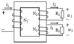图6－5所示的是一电源变压器，一次绕组有550匝，接220V电压。二次绕组有两个：一个电压36V，负