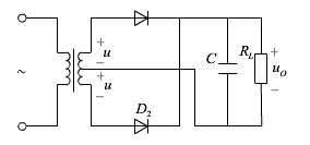 试分析题图所示的变压器副绕组有中心抽头的单相整流电路，副绕组两段的电压有效值各为U：  （1) 标出