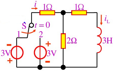 电路如图3－28所示，在换路前已处于稳态。当将开关从1的位置合到2的位置后，试求iL和i，并作出它们